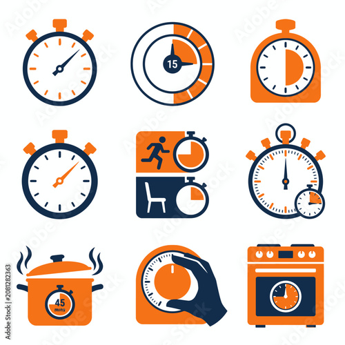 Collection of flat timer and stopwatch icons in orange and blue
