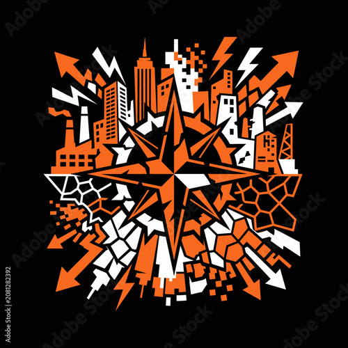 Energetic urban illustration featuring a compass star and arrows