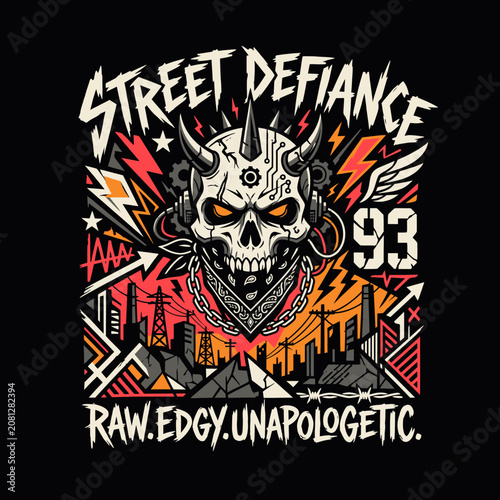 Stylized skull with horns, bandana and urban background elements