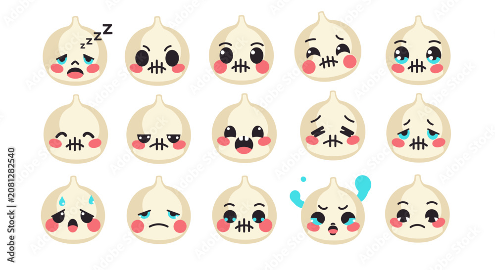 Fototapeta premium Cute Garlic Emoji Set with Various Kawaii Expressions