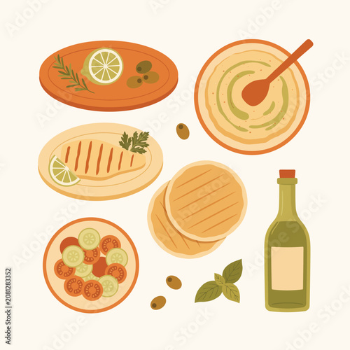 Mediterranean food dishes and wine bottle illustration set with mediterranean
