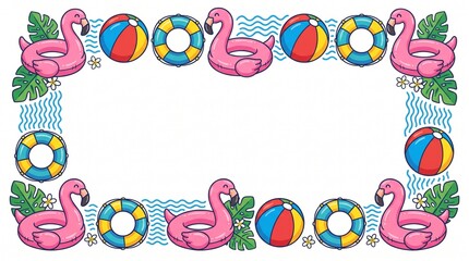 A cheerful summer-themed border frame illustrated in flat cartoon style, featuring pink flamingo pool floats, striped beach balls, and colorful pool rings (blue/yellow/teal) arranged around the edges.