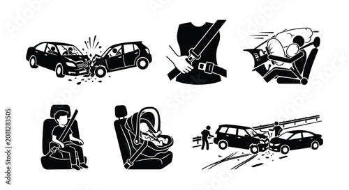 Car Crash And Passenger Safety Icons Black Silhouette Vector Illustration