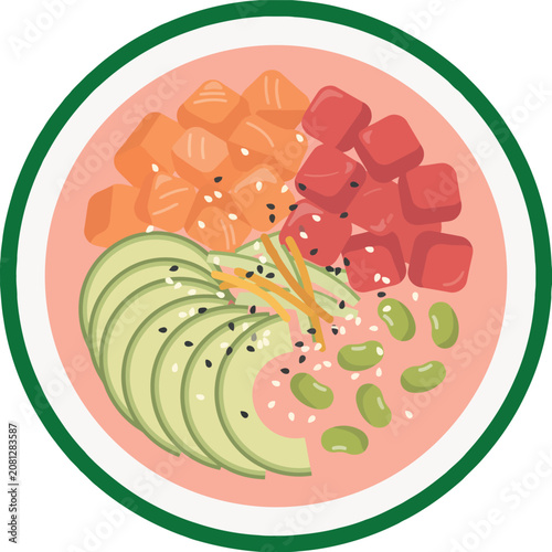 Healthy poke bowl illustration with raw fish salmon tuna avocado and edamame