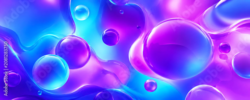 Abstract liquid background with glowing neon purple and blue bubbles, abstract