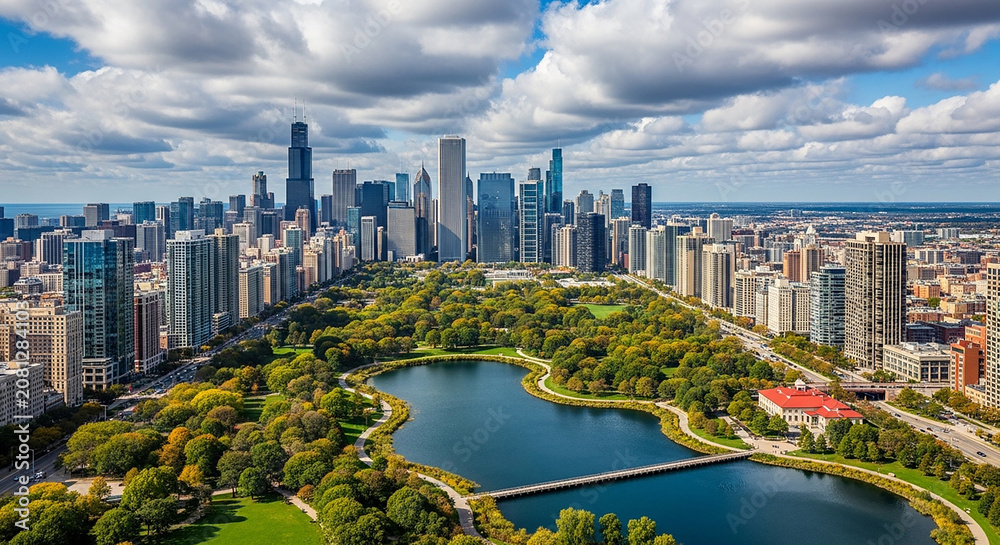 Fototapeta premium Aerial view of chicago city skyline with a green park and lake