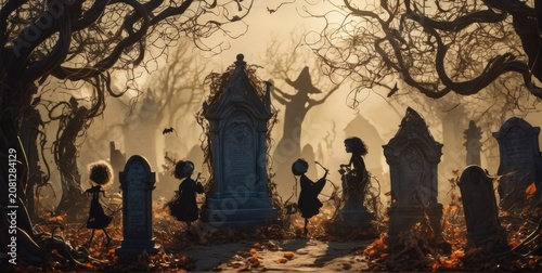 people in scary costumes, pumpkin, skeletons, night,holiday, halloween, free space for text