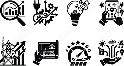 Energy Efficiency Icon Collection with Analysis Optimization Cost Savings Smart Management Transmission Engineering Performance and Renewable Power Symbols for Infrastructure Projects