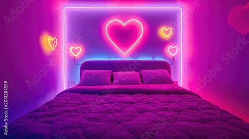 Modern bedroom with neon heart lights and purple glowing mood lighting