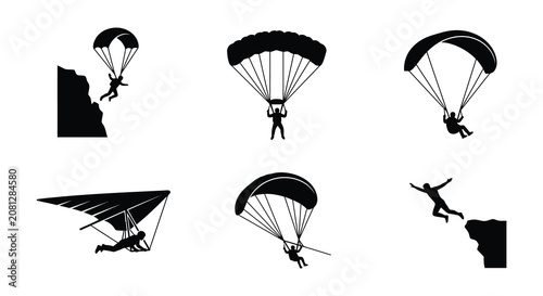 Tableau sur toile Skydiving And Hang Gliding Silhouettes Black Vector Illustrations On WhiteQ