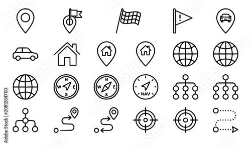 Modern Monoline Map Navigation Globe and Hierarchy Editable Outline Vector Icons Collection