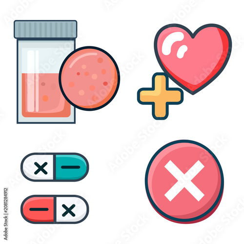Medical treatment and health care icon set. Vector illustration of red heart with plus sign, medicine bottle, capsule pills, and close cross status symbols isolated on white background.