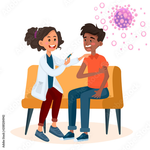 This vector illustration depicts a kind female doctor administering a vaccine to a male patient lying on a bed, set against a background featuring virus imagery. It conveys themes of immunization, vac