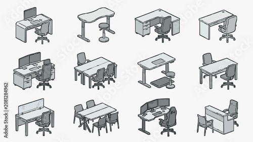 Dynamic Collection of Modern Office Workstations with Varied Desks Chairs and Computer Setups in Monochrome