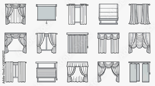 Minimalist Black and White Line Drawing Collection of 15 Distinct Window Treatment Styles and Curtain Designs