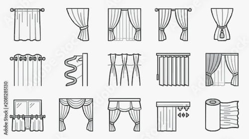 Corporate Set of Various Window Treatments and Curtain Styles in Monochrome with high quality professional line art symbols for modern creative design and digital branding projects