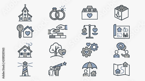 Modern Minimalist Line Icons Set Featuring Home Marriage Real Estate and Family Concepts in Monochrome