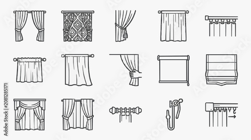 Dynamic Black and White Line Drawing Collection of Various Window Curtain Styles and Hardware with high quality professional line art symbols for modern creative design and digital branding projects