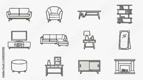 Sleek Minimalist Black and White Line Drawing Set of Modern Living Room Furniture and Decor Icons