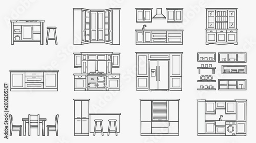 Creative Minimalist Black and White Line Drawing Set of Modern Furniture and Cabinetry Designs for Home Decor Inspiration
