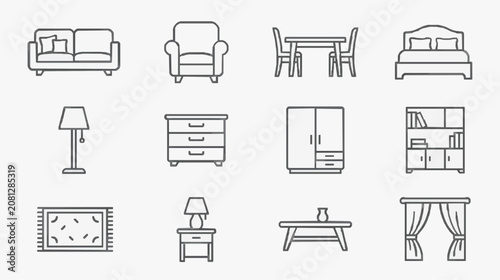 Creative Minimalist Line Drawing Set of Modern Furniture and Home Decor Icons in Black and White