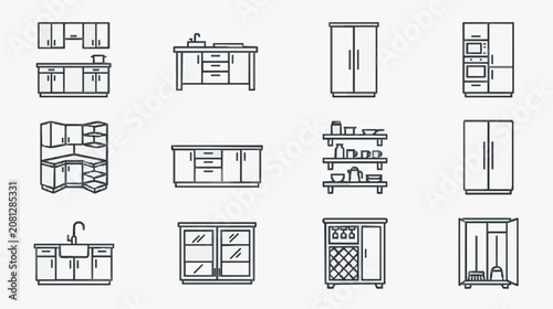 Sleek Minimalist Black and White Line Drawing Set of Modern Kitchen Furniture and Appliances with high quality professional line art symbols for modern creative design and digital branding projects