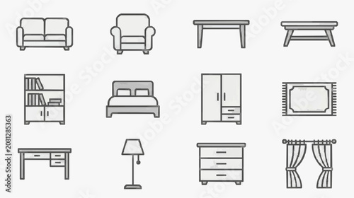 Corporate Minimalist Line Icons Set of Monochrome Furniture and Home Decor Elements for Web Design and Presentations