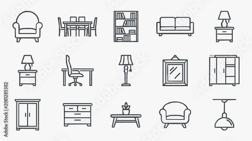 Modern Minimalist Black and White Line Icons Set of Various Furniture and Home Decor Items with high quality professional line art symbols for modern creative design and digital branding projects