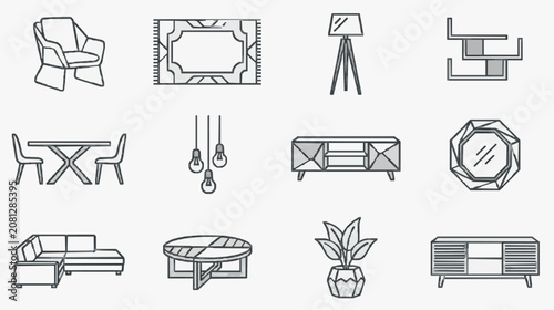 Minimalist Black and White Line Drawing Set of Modern Furniture and Decor Items for Interior Design Inspiration
