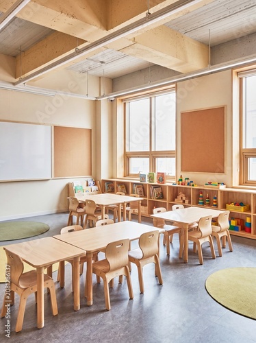Bright modern elementary classroom with modern educational design