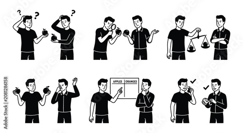 Foto Vector illustration of people contemplating apples decision making and choices