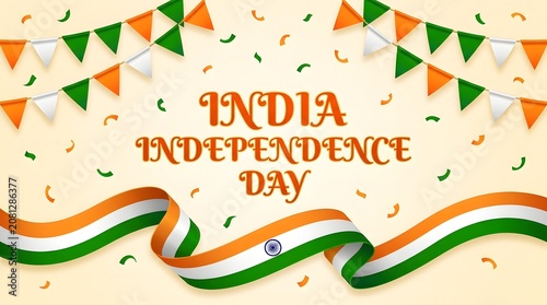Festive horizontal background featuring a dynamic tricolor ribbon swirl and hanging triangular party flags.
