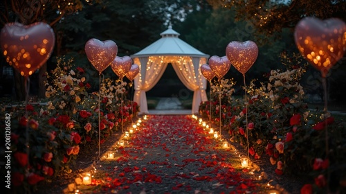 Romantic wedding gazebo with heart balloons and candles on dark background