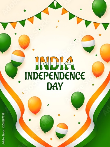 Dynamic vertical poster featuring floating green, white, and orange balloons with festive party buntings.