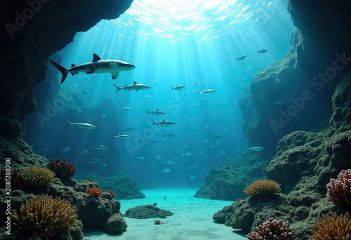 An underwater landscape showcasing the diversity of seafood in their natural habitat
