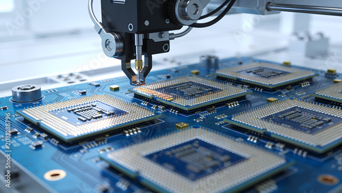 Silicon Dies Mounted on Advanced Substrate in Computer Chip Manufacturing Fab