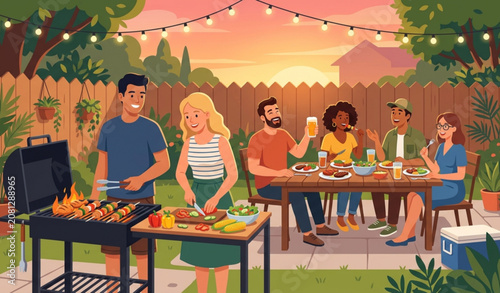Bild auf Leinwand Outdoor Backyard BBQ Friends Cooking Grilling Meat and Social Gathering Flat Vec