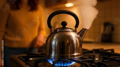 A stovetop kettle is boiling on a gas burner, with steam rising. A person is visible in the blurred background, in a kitchen setting.