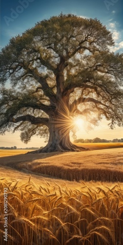 Landscape, Endless wheat field, Blue sky, Massive Old Oak tree