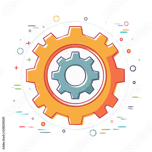 Flat design gear icon with colorful background elements