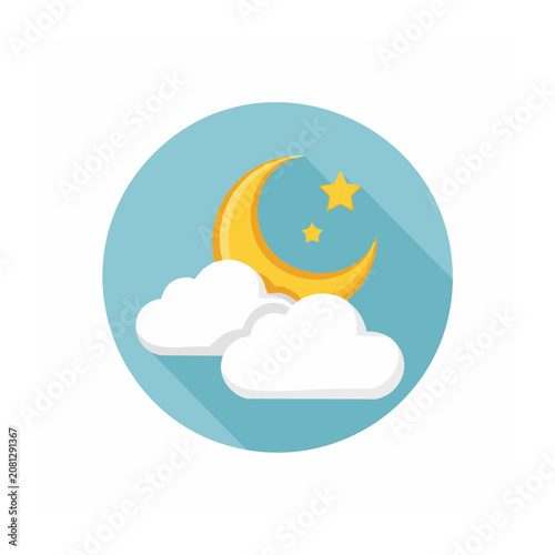 Flat design icon of crescent moon, stars, and clouds