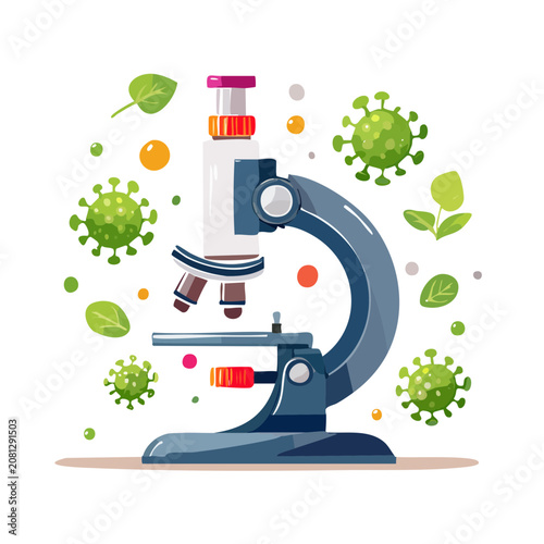 Flat illustration of microscope with virus and leaf elements