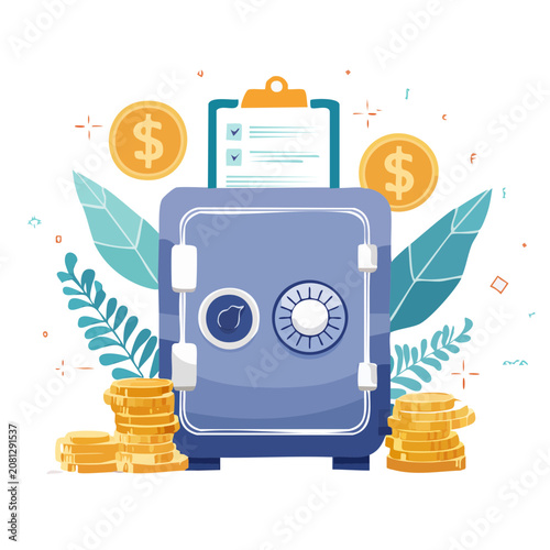 Flat vector illustration of a safe with coins and clipboard