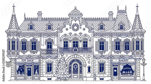 Ornate Christmas Building Facade with Toy Shop and Bakery Decorations