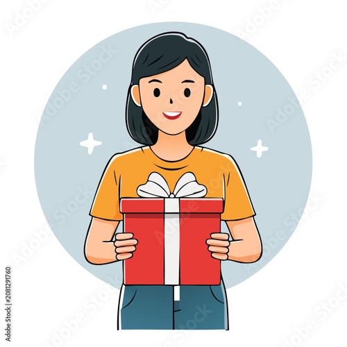Woman holding red gift box with white ribbon