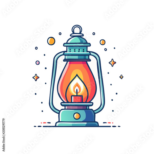 Vintage Oil Lamp with Flame Flat Vector Illustration