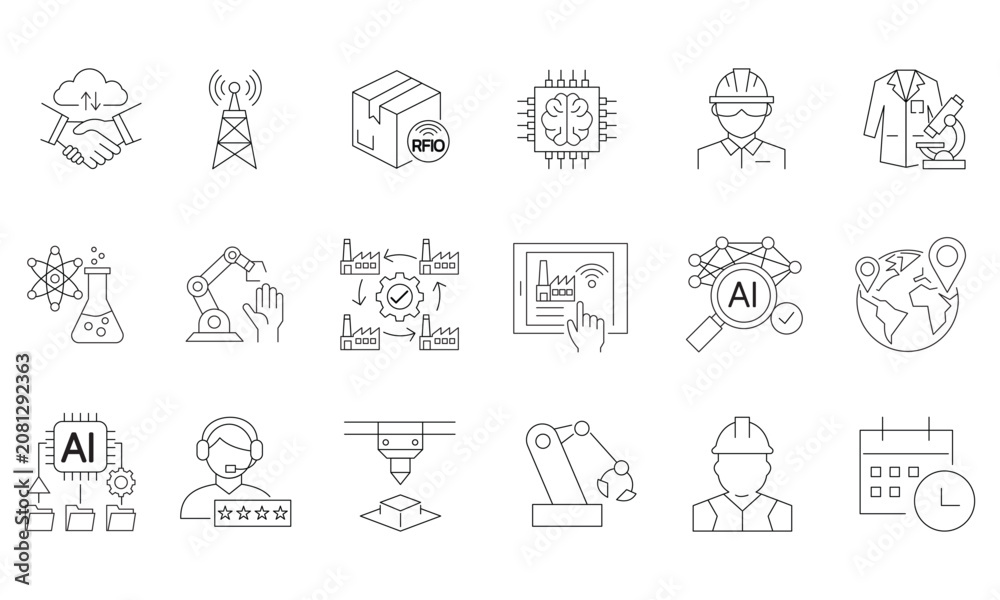Fototapeta premium Science laboratory and AI technology icons.Editable stroke, Vector illustration, Line art Icon, Symbols.