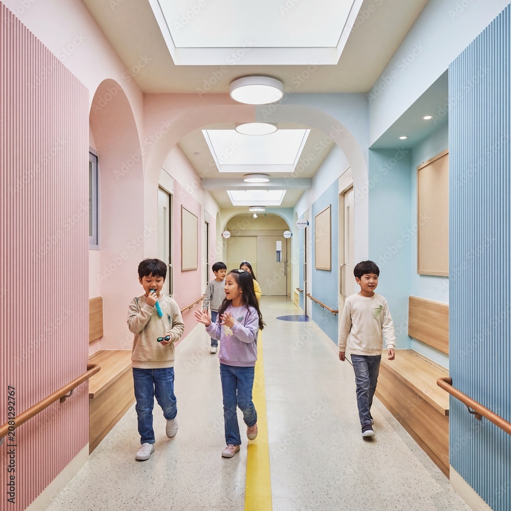 Fototapeta premium Students in a barrier free elementary school corridor