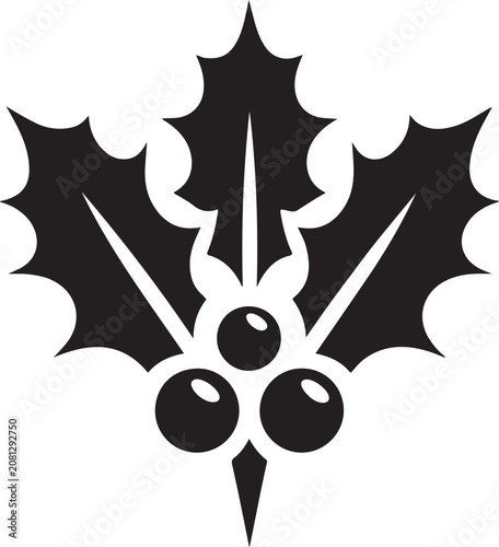 Holly leaf, berry icon, Christmas symbol, black vector graphic isolated on White Background