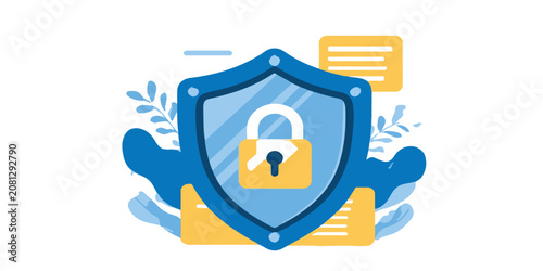 Fotografie Digital Security Shield with Padlock and Documents Illustrating Data Protection